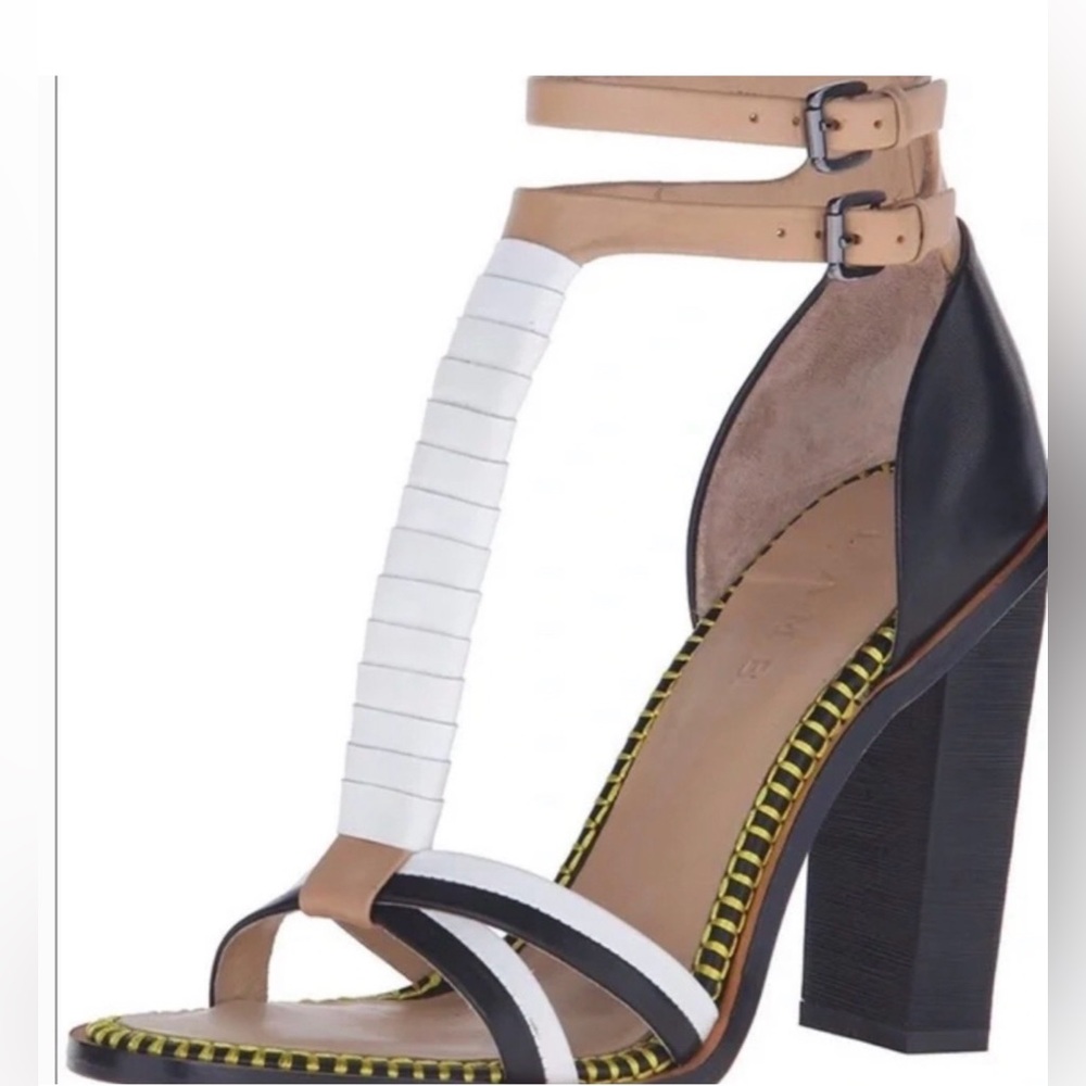L.A.M.B. Two-Tone T-Strap Block Heel Sandal in Tan, White & Black